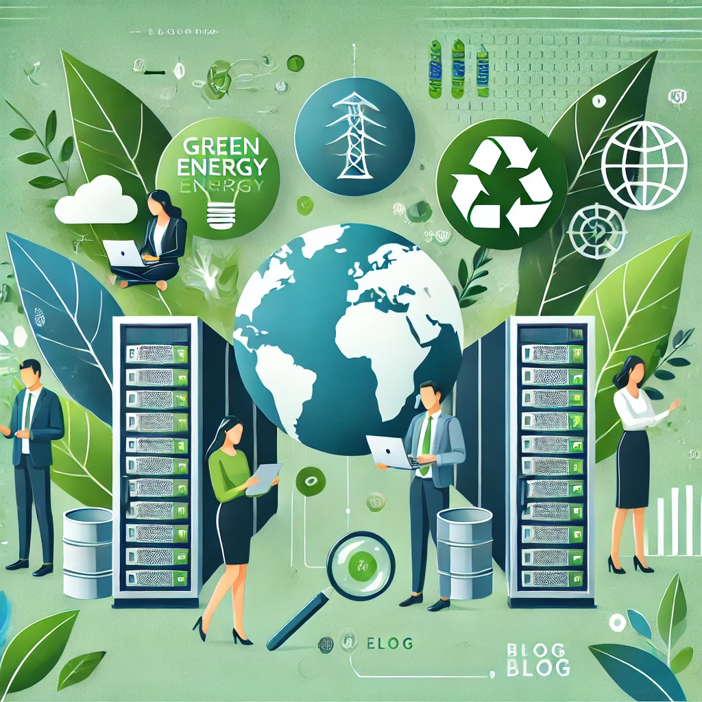 DALL·E 2025-01-27 00.16.05 - A professional and modern illustration highlighting sustainable IT practices, featuring elements like servers with green energy icons, a globe surroun